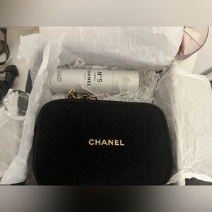 Chanel makeup purse + Chanel no. 5 leau all over body spray + beauty blender NEW